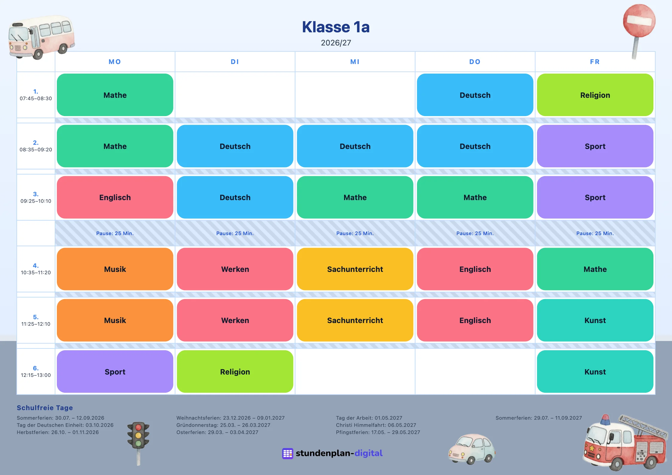 Stampa con la grafica Automobili: orario della classe 1ª A con i colori delle materie, l’elenco delle vacanze e gli elementi grafici della grafica.