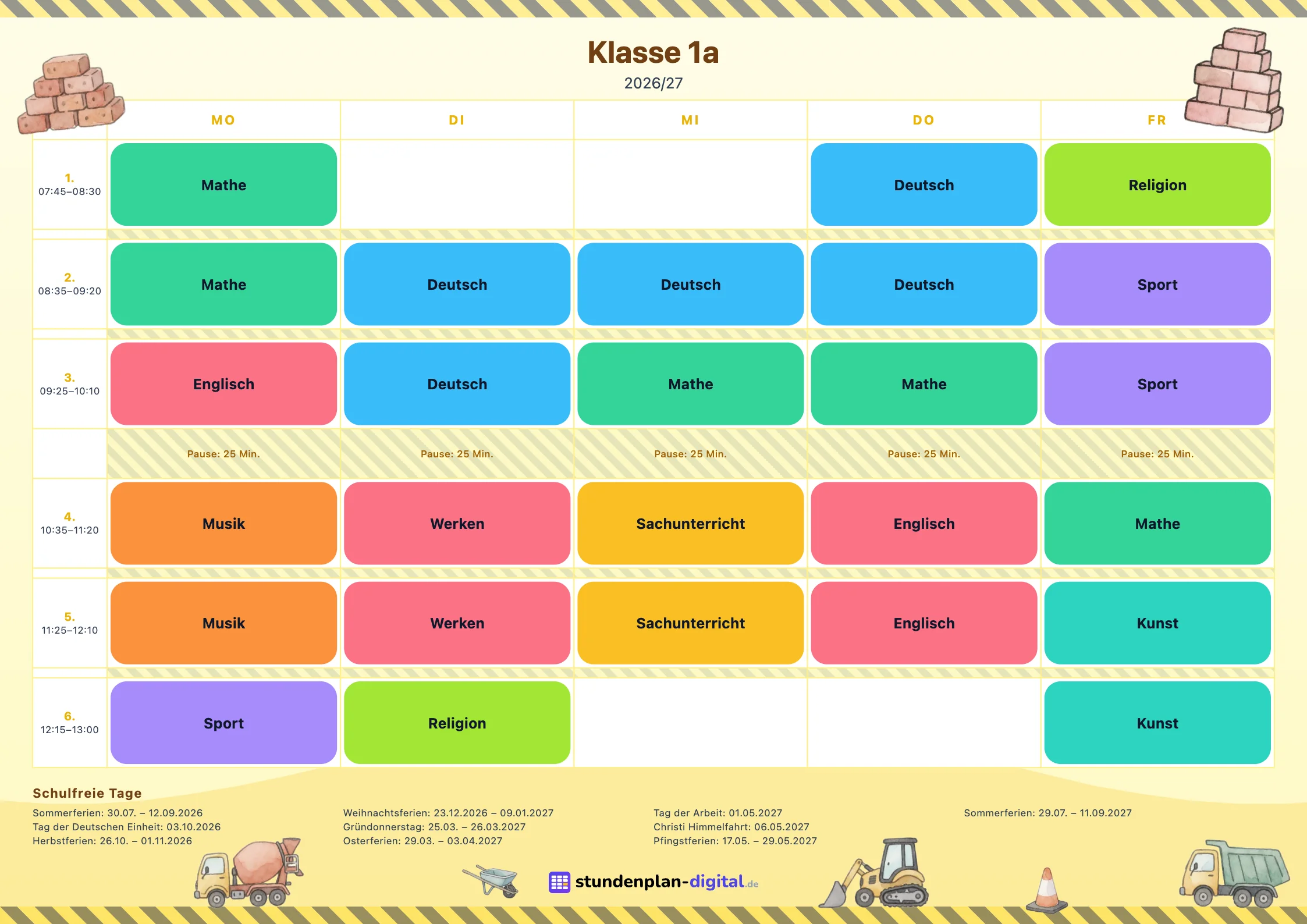 Stampa con la grafica Cantiere: orario della classe 1ª A con i colori delle materie, l’elenco delle vacanze e gli elementi grafici della grafica.