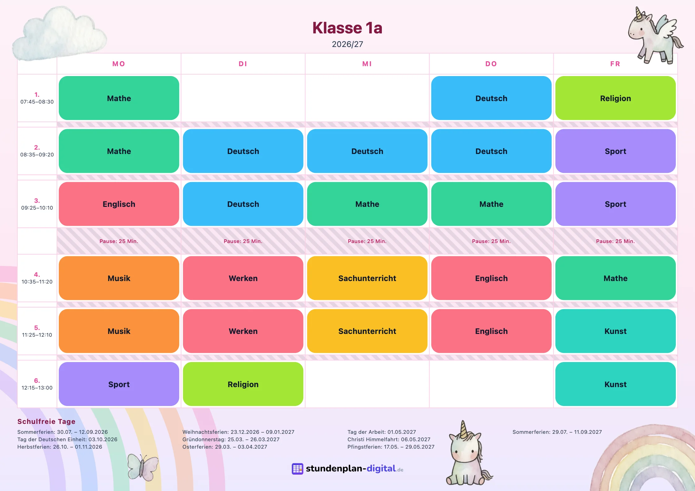 Stampa con la grafica Unicorni: orario della classe 1ª A con i colori delle materie, l’elenco delle vacanze e gli elementi grafici della grafica.