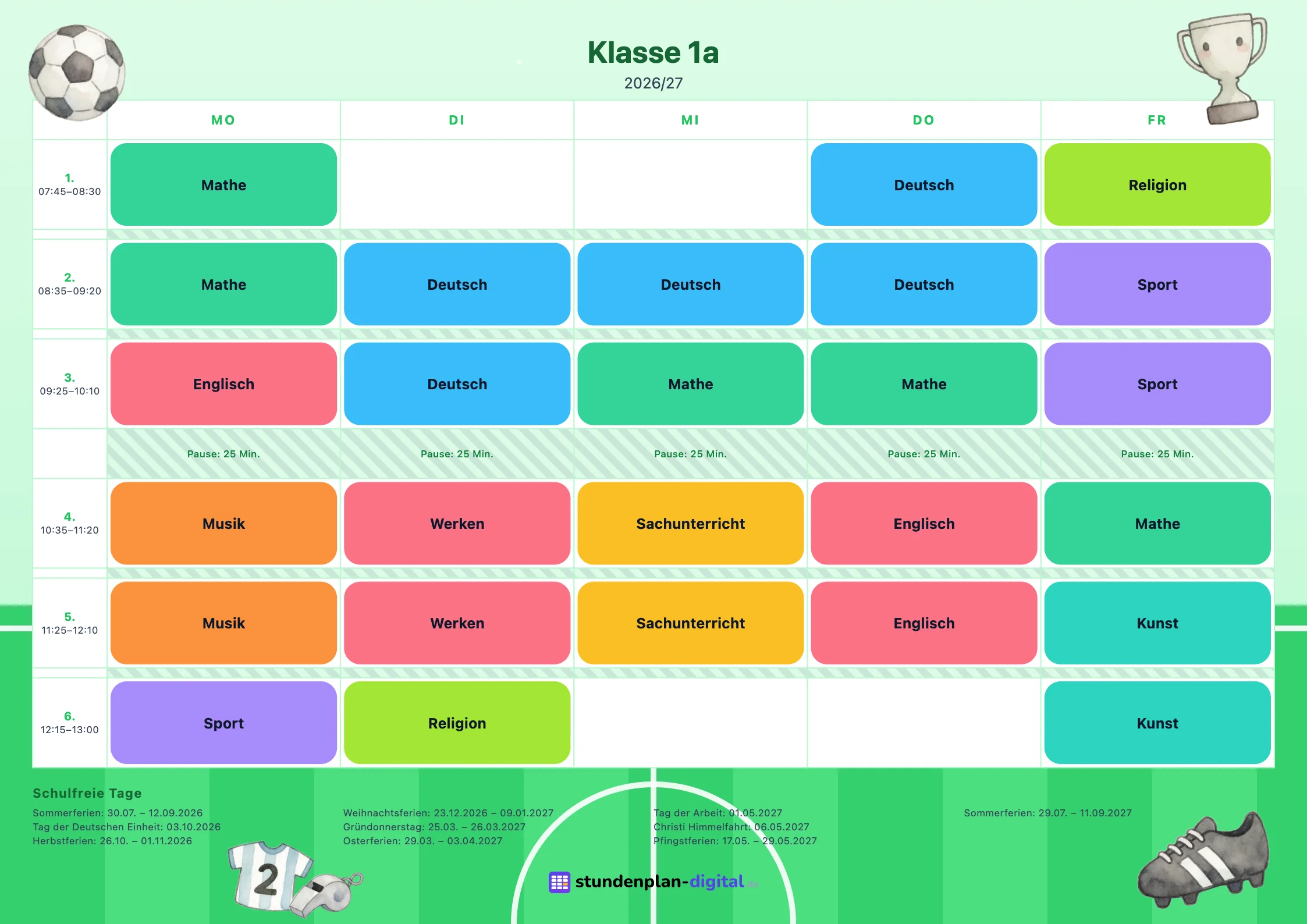 Stampa con la grafica Calcio: orario della classe 1ª A con i colori delle materie, l’elenco delle vacanze e gli elementi grafici della grafica.