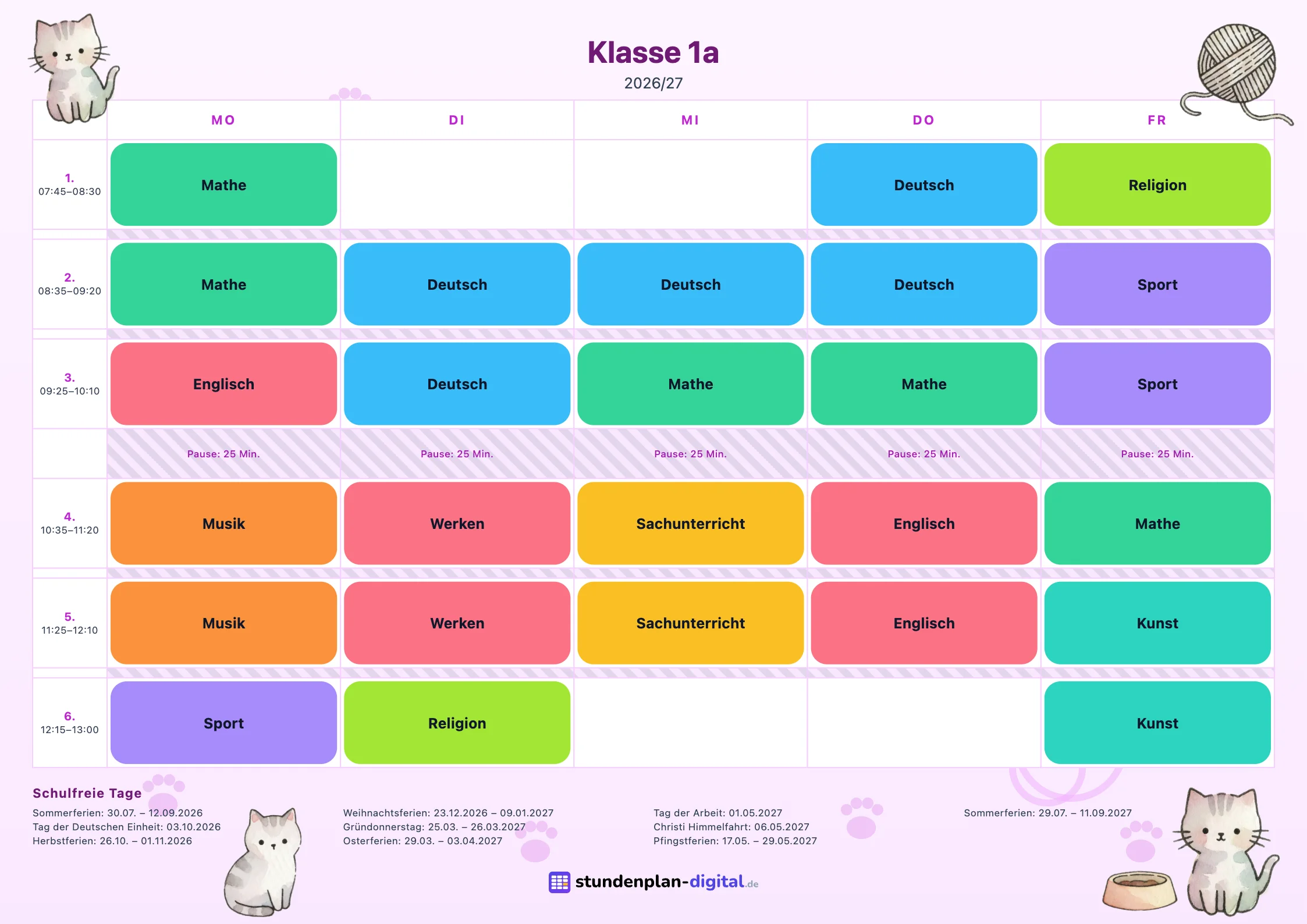 Stampa con la grafica Gatti: orario della classe 1ª A con i colori delle materie, l’elenco delle vacanze e gli elementi grafici della grafica.