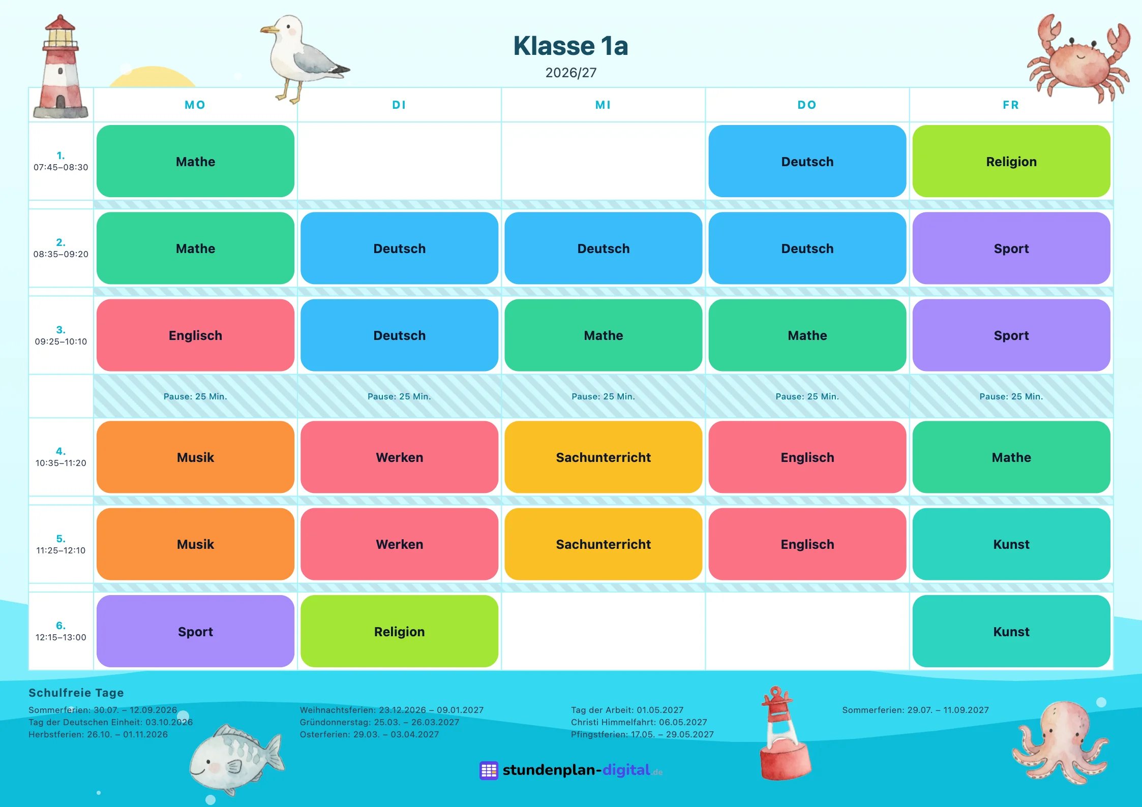 Stampa con la grafica Il mare: orario della classe 1ª A con i colori delle materie, l’elenco delle vacanze e gli elementi grafici della grafica.