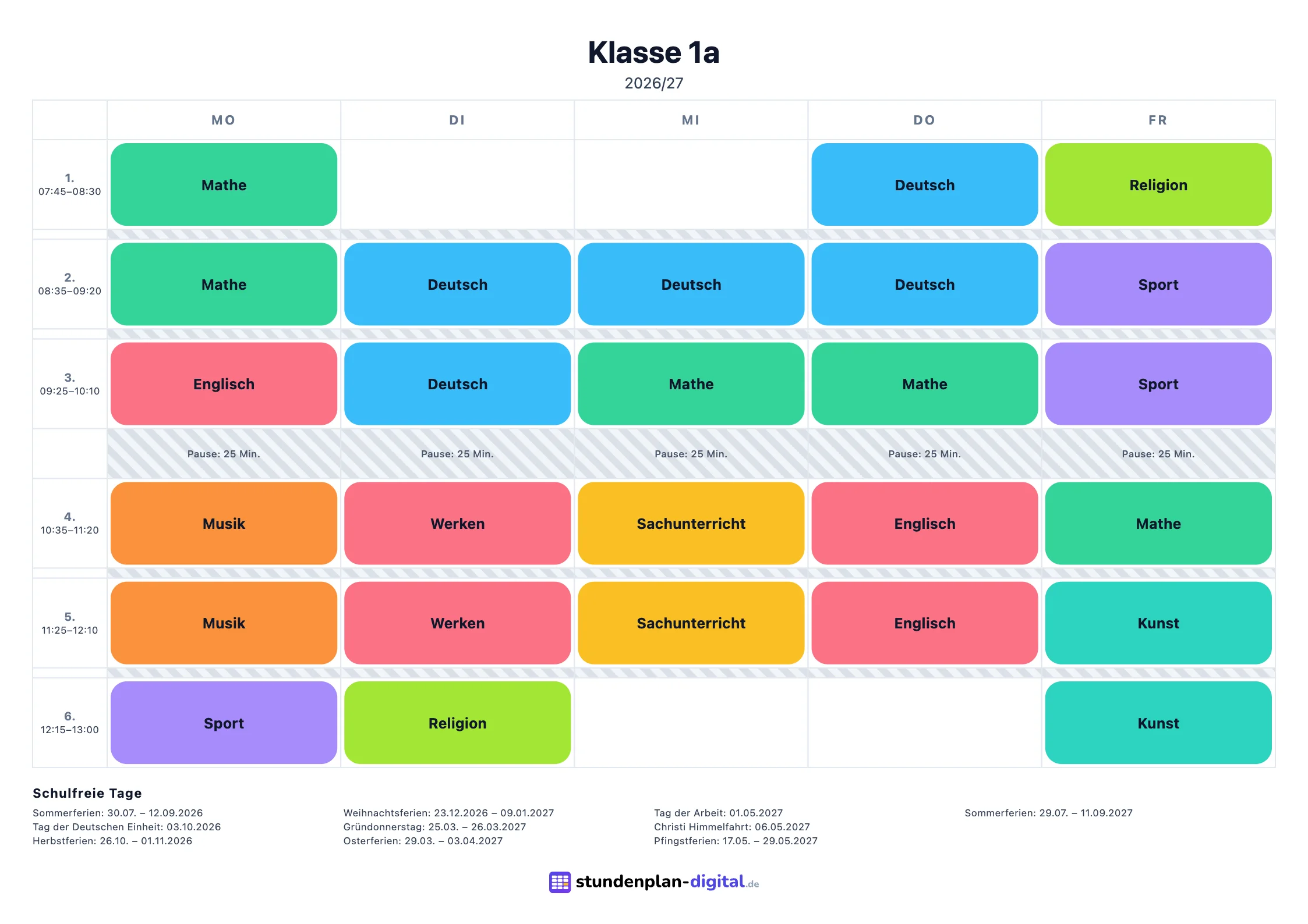 Stampa con la grafica Semplice e moderno: orario della classe 1ª A con i colori delle materie, l’elenco delle vacanze e gli elementi grafici della grafica.