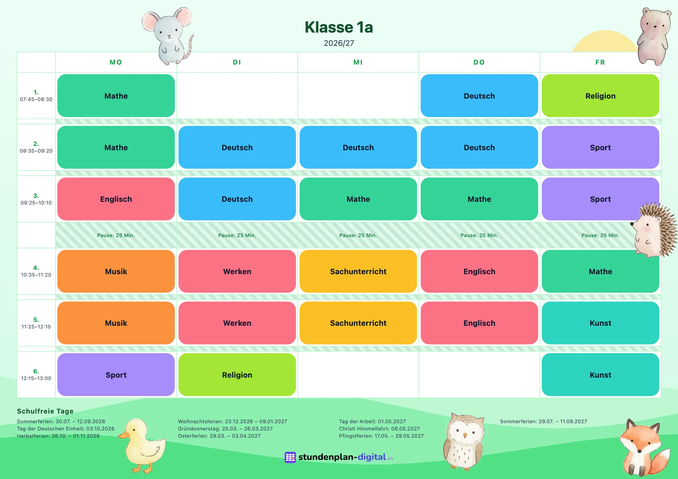 Stampa con la grafica Animali: orario della classe 1ª A con i colori delle materie, l’elenco delle vacanze e gli elementi grafici della grafica.