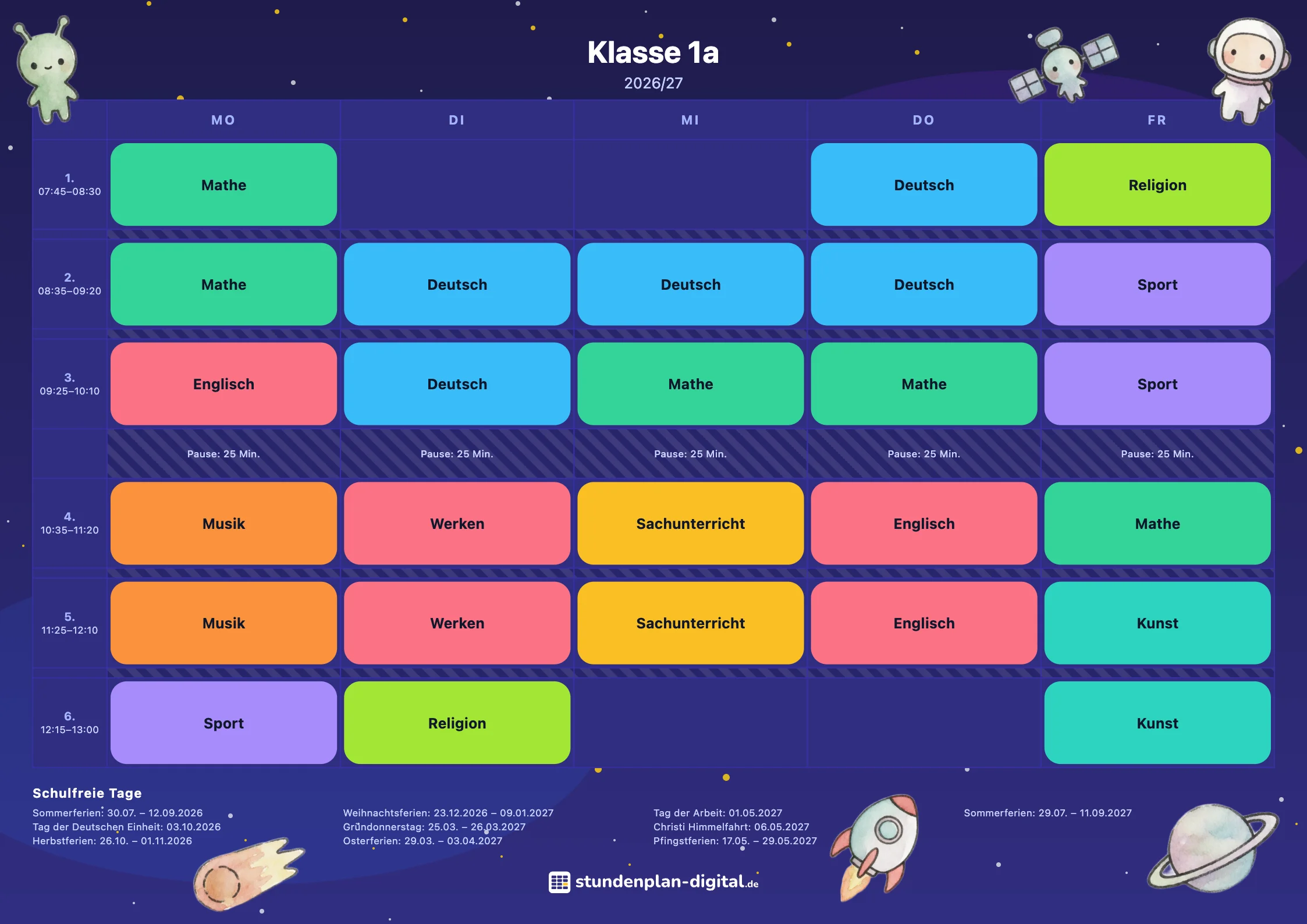 Stampa con la grafica Spazio: orario della classe 1ª A con i colori delle materie, l’elenco delle vacanze e gli elementi grafici della grafica.