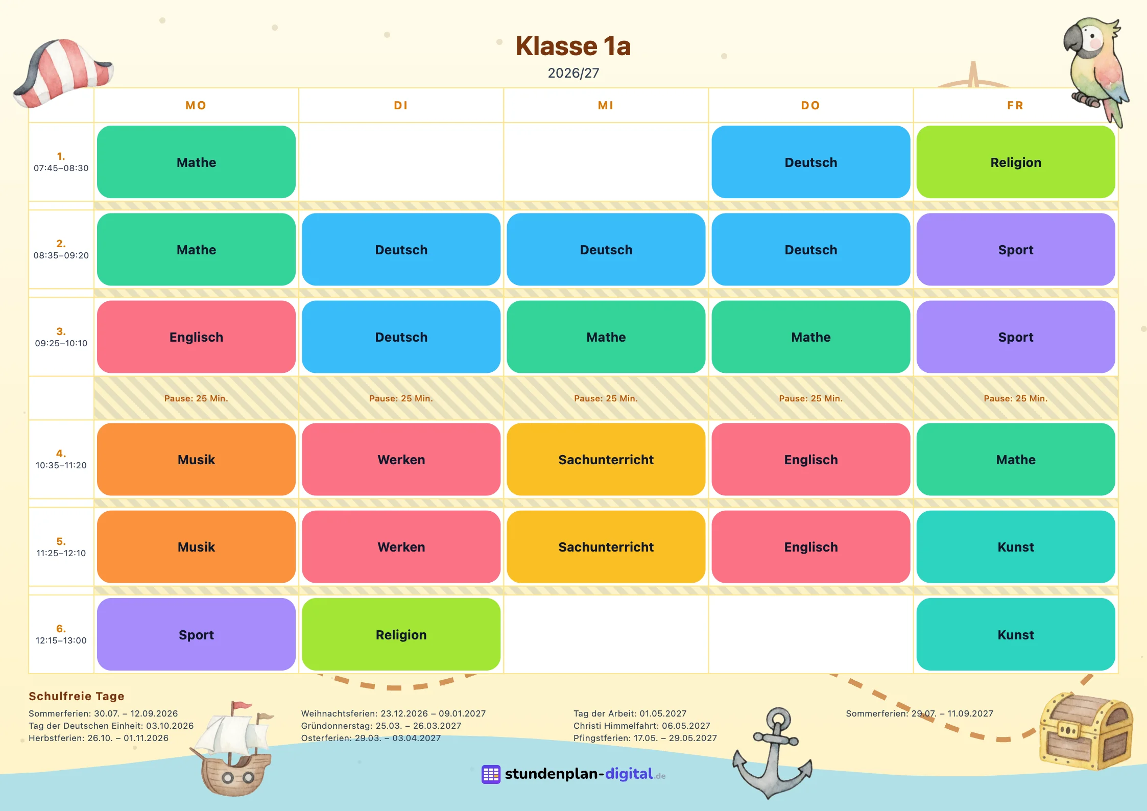 Stampa con la grafica Pirati: orario della classe 1ª A con i colori delle materie, l’elenco delle vacanze e gli elementi grafici della grafica.